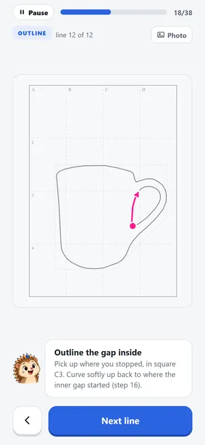 The Quill app mid-lesson: the mug's outline so far, the next line in pink, and Quill explaining where to draw it